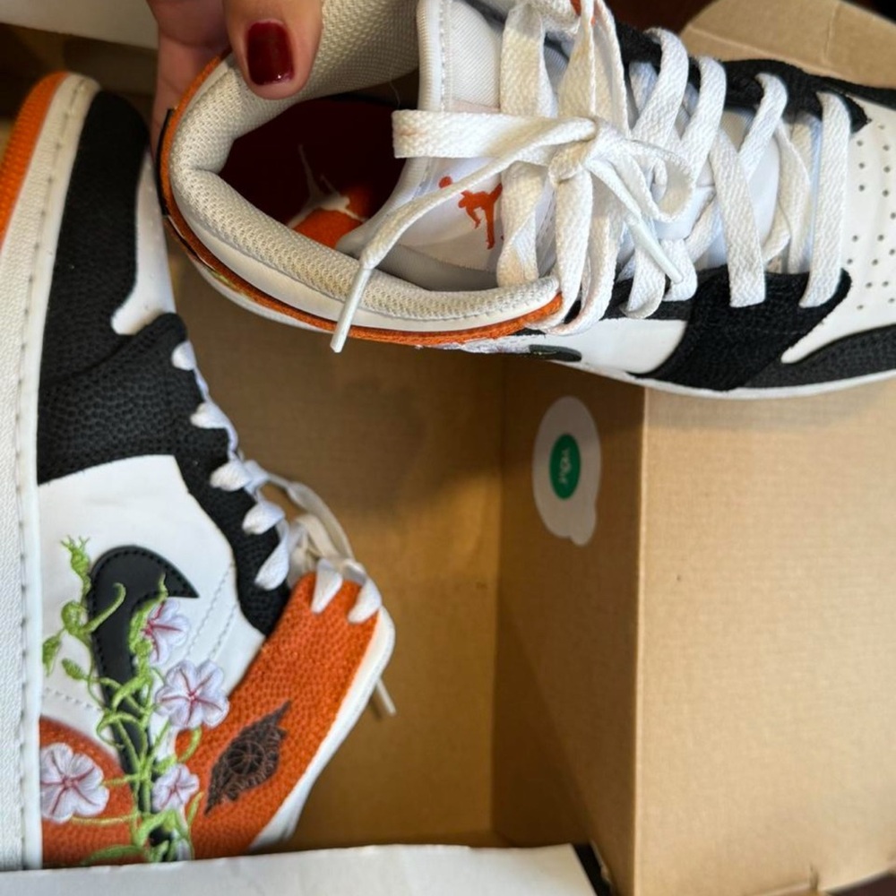 Women's Floral Embroidered Sneakers - White, Black, and Orange
